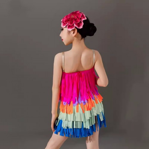 Girls kids colorful fringe competition latin dance dresses for children salsa rumba ballroom dancing costumes for children